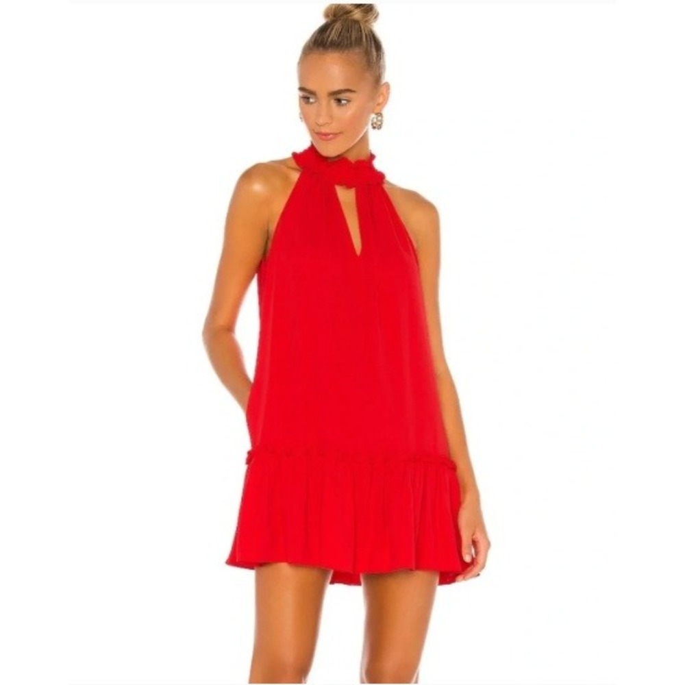 Amanda‎ Uprichard Red Shift Dress Halter Ruffle Mini Smocked High Neck Small S